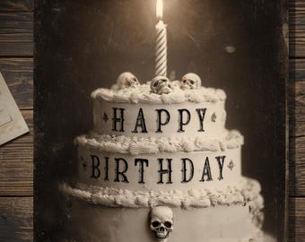 Vintage Gothic Skull Birthday Cake Card Victorian Style Photo Blank Inside