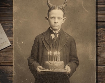 Vintage Victorian Horned Demon Boy with Birthday Cake Card Gothic Macabre Art Antique Style Photography Blank Inside