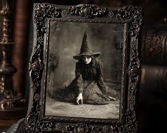 Witch Drawing Sigil Gothic Halloween Wall Art Print  Sepia Vintage Creepy Witch Photograph Occult Ritual Spooky Decor