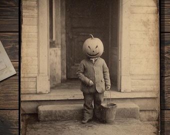 Vintage Victorian Pumpkin Head Child Trick or Treat Creepy Gothic Halloween Card