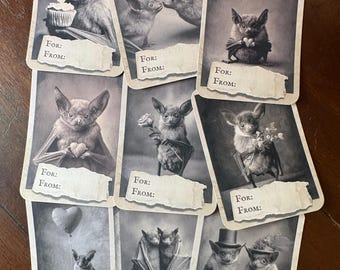 Vintage Victorian Bat Valentine Gift Tags Set of 9 Gothic Creepy Cute Romantic Gift Wrapping