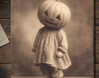 Vintage Pumpkin Head Girl Halloween Card Creepy Cute Jack O Lantern Child Gothic Greeting Card