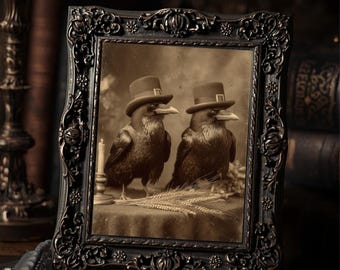 Vintage Gothic Raven Print Pilgrim Hat Crow  Dark Autumn Wall Art