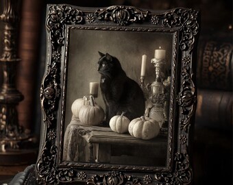 Vintage Victorian Black Cat With Pumpkins And Candles Halloween Art Print Gothic Witchy Antique Style Wall Decor