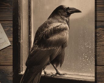 Victorian Raven Rainy Window Thinking of You Card Gothic Cabinet Card Sepia Mourning Crow Art Blank Inside