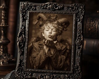 Victorian Demon Child Blowing Kiss Gothic Creepy Cute  Art Print Dark Fantasy Antique Style Wall Decor