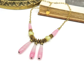 Retro Gold Tone Pink Yellow Art Glass Bead Fringe Choker Necklace NN63