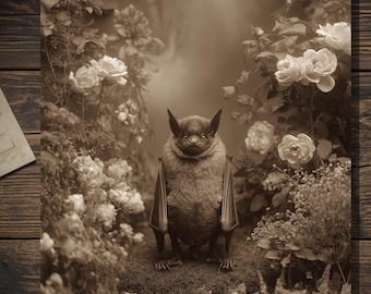 Bat In Flower Garden Victorian Style Cute Brown Bat Gothic Greeting Card 5x7