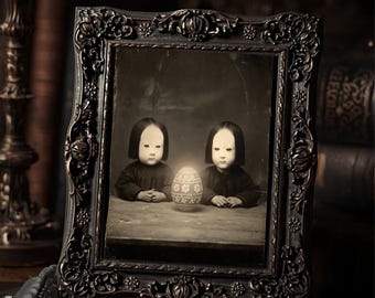 Macabre Vintage Victorian Gothic Alien Children With Glowing Egg Wall Print Haunted Easter Portrait