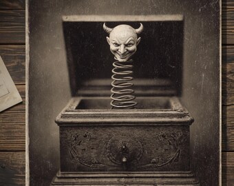 Vintage Devil Jack in the Box Halloween Card Creepy Antique Toy Gothic Greeting Card