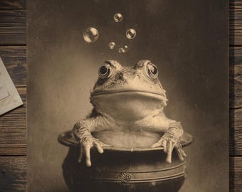 Vintage Gothic Frog Halloween Card Toad In Cauldron Victorian Style Photo Blank Inside