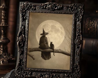 Vintage Victorian Witch and Black Cat Moon Gothic Halloween Wall Art Print