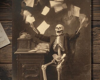 Vintage Victorian Skeleton Throwing Papers Promotion Retirement Card Gothic Dark Humor Antique Style Photography Blank Inside
