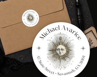 Personalized Vintage Celestial Sun Moon Return Address Labels Custom Round Stickers