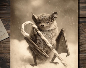 Vintage Victorian Bat Holding Candy Cane Christmas Card Gothic Holiday Art Antique Style Photography Blank Inside