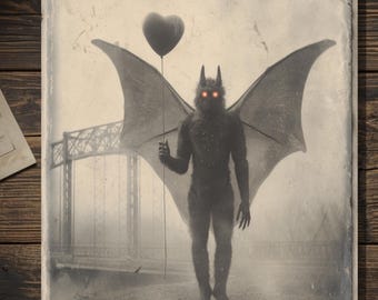 Vintage Victorian Mothman Valentine Card Gothic Cryptid Heart Balloon Antique Style Photography Blank Inside