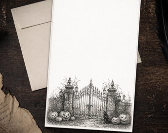 Gothic Gate Jack O Lantern Writing Paper Set 5.5 x 8.5 Black Cat Stationery Dark Academia Halloween Letter Kit