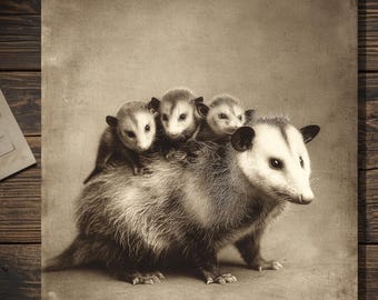 Vintage Victorian Opossum Mother Babies Mothers Day Card Gothic Animal Antique Style Photography Blank Inside