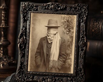 Creepy Victorian Winter Portrait Wrapped Face Strange Gothic Christmas Photograph Print  Weird Macabre Holiday Wall Art