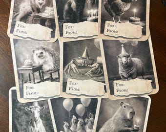 Vintage Victorian Animal Birthday Gift Tags Set of 9 Gothic Party Tags Creepy Cute Birthday Wrapping