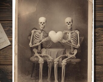 Vintage Victorian Skeleton Couple Holding Heart Valentine Card Gothic Macabre Antique Cabinet Photo Blank Inside