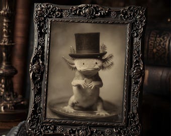 Axolotl In Top Hat Holding Heart Victorian Animal Art Print Gothic Cabinet Card Style Strange Romantic Wall Art