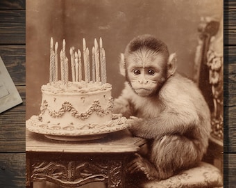Vintage Victorian Monkey Birthday Card Funny Animal Birthday Blank Greeting Card