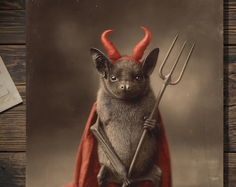 Vintage Victorian Bat Devil Costume Halloween Card Gothic Antique Style Photography Blank Inside