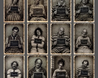 Funny Victorian Prisoners & Lunatics Thank You Notecard Set of 12 Weird Gothic Stationery Vintage Notes