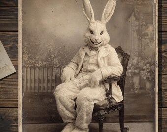 Vintage Victorian Creepy Easter Bunny Portrait Card Gothic Antique Style Art Blank Inside