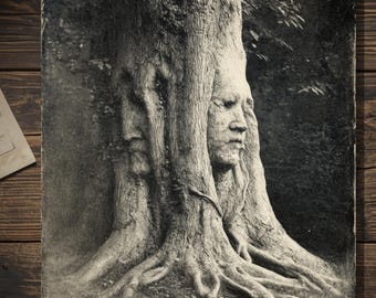 Vintage Victorian Tree Spirit Face Card Gothic Forest Dryad Roots Antique Style Photography Blank Inside