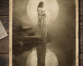 Vintage Victorian Moon Goddess Greeting Card Celestial Lunar Witch Art Antique Style Photography Blank Inside