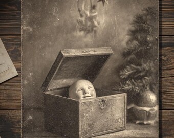 Vintage Victorian Doll Head in Trunk Christmas Card Gothic Holiday Art Antique Style Photography Blank Inside