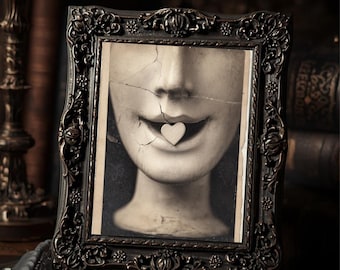 Cracked Porcelain Face With Heart Gothic Dark Valentine Antique Style Art Print  Macabre Romantic Wall Decor