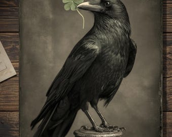Vintage Victorian St. Patrick’s Day Raven With Four Leaf Clover Gothic Greeting Card Blank Inside
