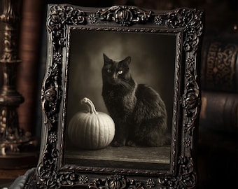 Vintage Victorian Black Cat With Pumpkin Halloween Art Print Gothic Witchy Spooky Antique Style Wall Decor