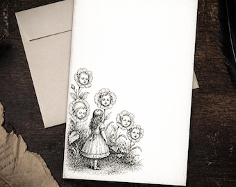 Gothic Flower Face Stationery Set 5.5 x 8.5 Letter Writing Paper Victorian Surreal Botanical Notes with Envelopes