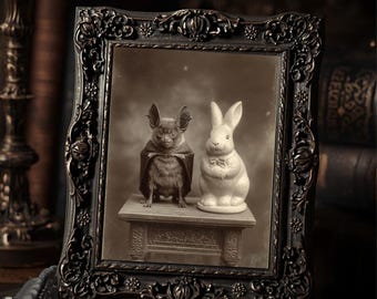 Macabre Vintage Victorian Bat With Bunny Statue Easter Portrait Gothic Antique Style Wall Print