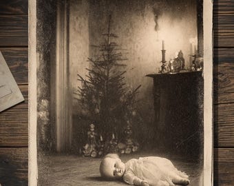 Vintage Victorian Abandoned Doll Under Christmas Tree Card Gothic Holiday Art Antique Style Photography Blank Inside