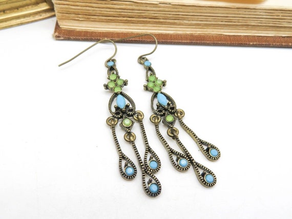 Vintage Antiqued Gold Green Turquoise Blue Rhines… - image 1