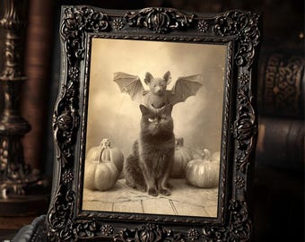 Victorian Bat Riding Black Cat Halloween Print Gothic Antique Style Photography Wall Art