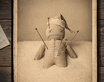 Vintage Victorian Christmas Voodoo Doll Santa Hat Gothic Holiday Card Creepy Dark Humor