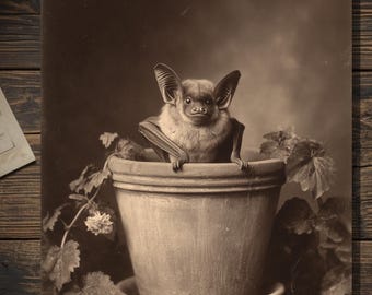 Victorian Bat Peeking From Flower Pot Greeting Card Antique Style Sepia Gothic Bat Card