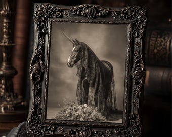 Vintage Victorian Mourning Unicorn Gothic Mythic Creature Antique Style Wall Art  Print