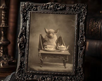 Victorian Bat Tea Time Art Print Antique Style Sepia Bat Portrait Gothic Wall Print