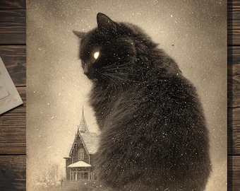 Vintage Victorian Icelandic Yule Cat Giant Black Cat Winter Folk Legend Gothic Art Card Antique Style Photography Blank Inside