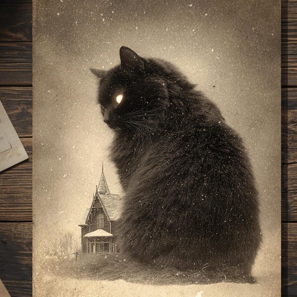 Vintage Victorian Icelandic Yule Cat Giant Black Cat Winter Folk Legend Gothic Art Card Antique Style Photography Blank Inside