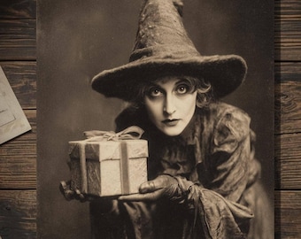 Victorian Witch Offering Gift Christmas Birthday Card Gothic Holiday Cabinet Card Style Sepia Photography Blank Inside
