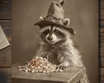 Vintage Victorian Raccoon Candy Corn Halloween Card Creepy Cute Gothic Greeting Card