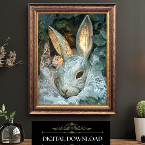 Surreal Gothic Easter Bunny Vintage Rabbit Art With Lace And Leaves Dark Whimsical Holiday Wall Decor Digital Download